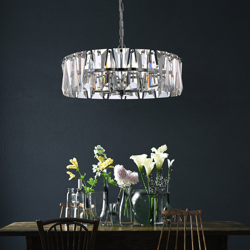 Puntes Ø52 Cromo cristal De Maytoni - Puntes es una elegante l&aacute;mpara de techo realizada en metal cromado con prismas brillantes que rodean las fuentes de luz y crean un m&aacute;gico juego de luz cuando se enciende la l&aacute;mpara.