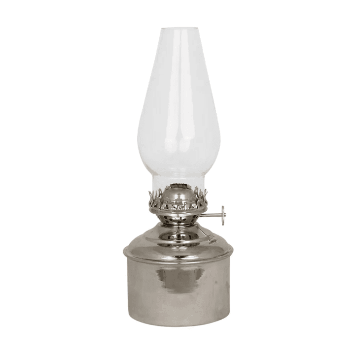 Fotogenlampa Haga Plata De Strömshaga - Lámpara de queroseno de color níquel con quemador de vidrio transparente.