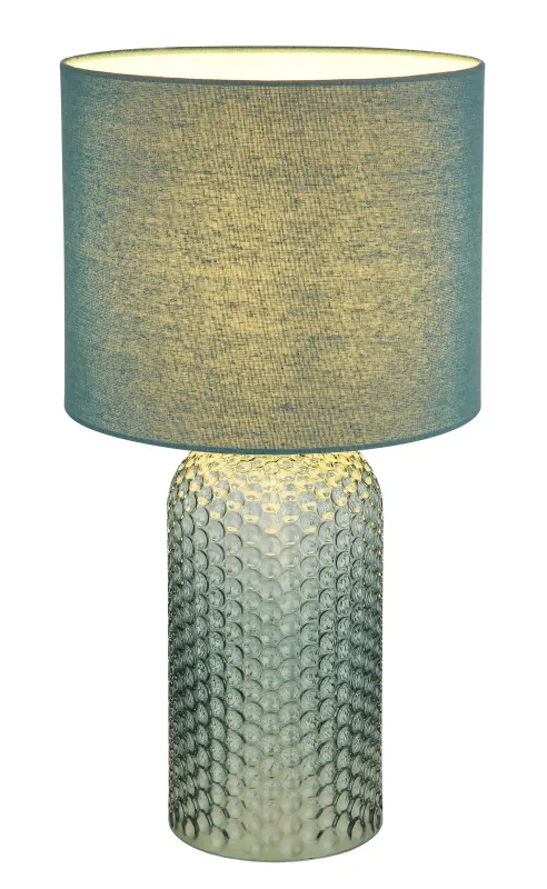 Sofia 50cm Verde lámpara de mesa De Globo Lighting - Bordslampan Sofia imponerar med sin eleganta kombination av en texturerad glaskropp och en cylindrisk textilsk&auml;rm i lyxig gr&ouml;n ton.