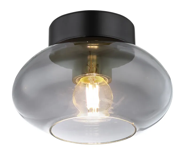 Shaun Ø18 Color humo plafón De Globo Lighting - Lampan &auml;r tillverkad av mattsvart metall och &auml;r smyckad med en oval sk&auml;rm i r&ouml;kf&auml;rgat glas.