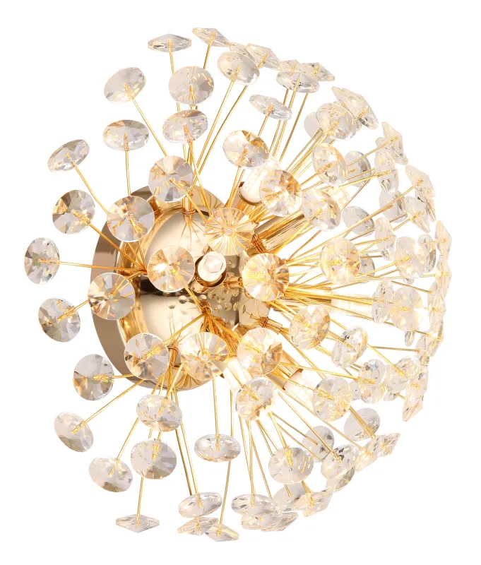 Katrina Ø40 Oro lámpara de pared De Globo Lighting - Den runda stommen i guldf&auml;rgad metall och den halvsf&auml;riska sk&auml;rmen i klara K9-kristaller skapar en lyxig och inbjudande atmosf&auml;r.