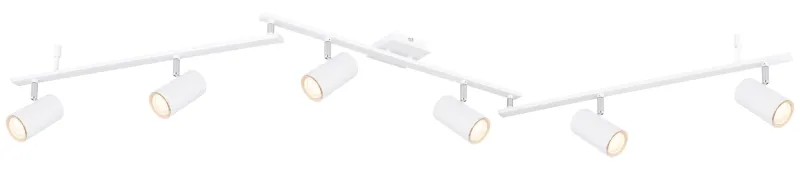 Robby 6 Blanco foco de techo De Globo Lighting - Den best&aring;r av tre metallst&auml;nger, var och en utrustad med tv&aring; vridbara GU10-socklar med metallfinish.