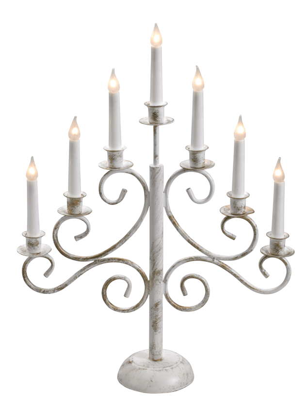 Smide 7 Blanco De Pixie Design - Un elegante y r&uacute;stico candelabro de hierro forjado con siete brazos, en una elegante combinaci&oacute;n de blanco y oro antiguo.