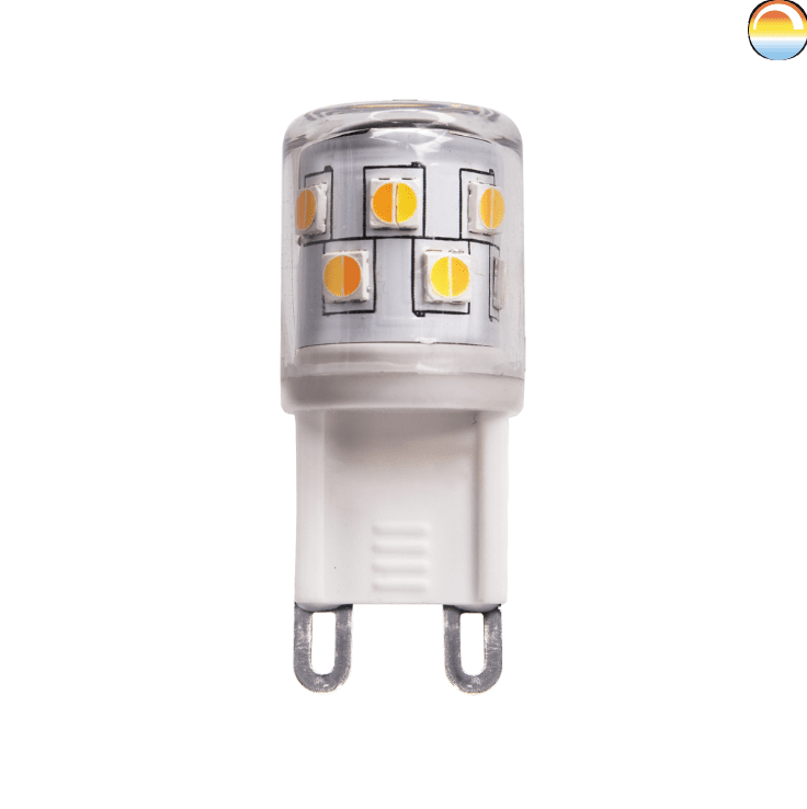 LED G9 MINI 2,5W 2200-3000K dim to warm De Unison - 5W 2200-3000K Dim to WarmEl nuevo G9 Dim to Warm de Unison se puede atenuar con un regulador para ajustar la temperatura de color de 2200 a 3000K.