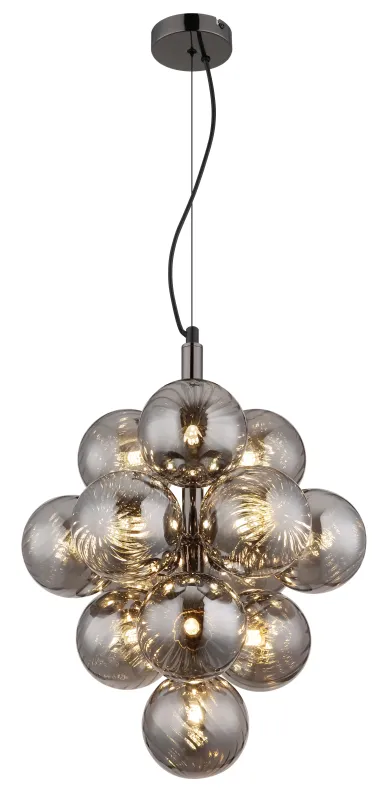Conor Ø40 Color humo Lámpas de techo De Globo Lighting - Den har 13st dekorativa r&ouml;kf&auml;rgade glaskupor som alla omfamnar en ljusk&auml;lla vilket skapar en fin och harmonisk ljusspridning i rummet.