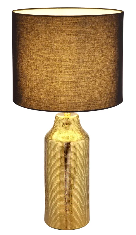 Elden 60cm Oro lámpara de mesa De Globo Lighting - Den guldf&auml;rgade keramiska basen i kombination med den svarta cylindriska textilsk&auml;rmen skapar en sofistikerad kontrast och blir en stilfull inredningsdetalj.