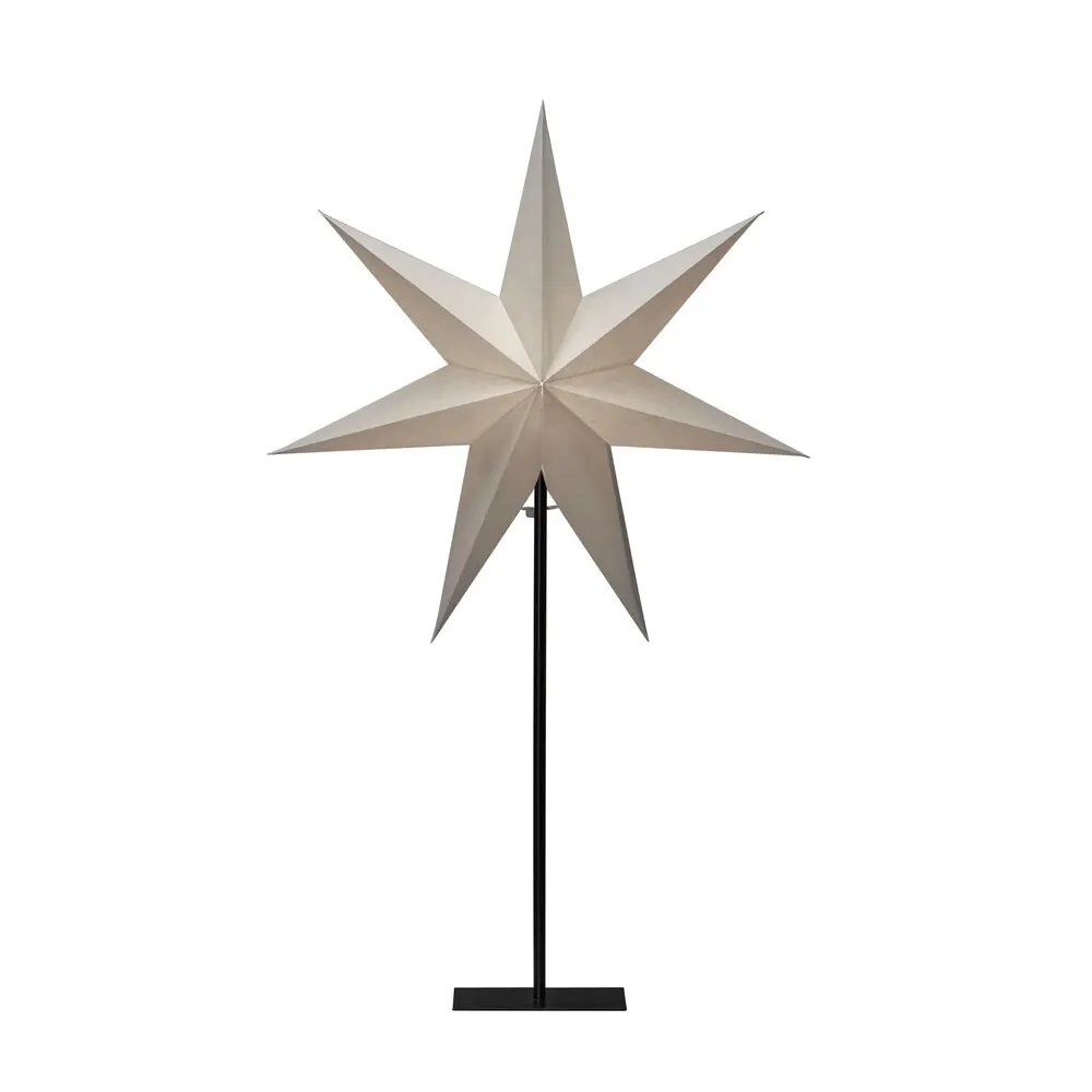 Estrella De Papel Ø50 Blanco De Konstsmide - La elegante estrella blanca reposa sobre un elegante soporte de metal negro y emite una luz suave y agradable.