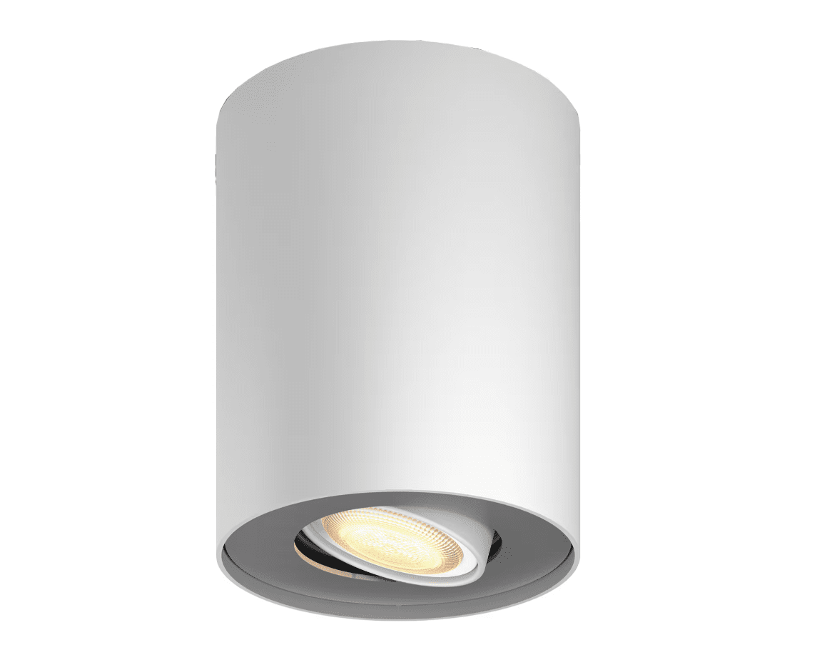 Pillar Hue Blanco foco de techo De Philips - Puede elegir entre tonos blancos c&aacute;lidos o fr&iacute;os y controlarlos a trav&eacute;s de la aplicaci&oacute;n Bluetooth o el bot&oacute;n de regulaci&oacute;n incluido.