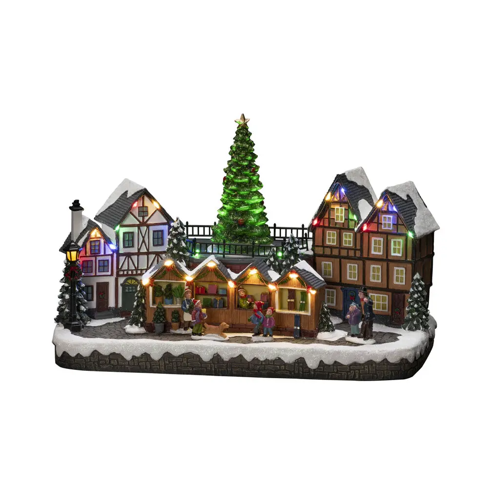 Decoración Navideña Mecánica Con Mercado Navideño 24cm Multicolor De Konstsmide - Con 28 luces LED de color blanco c&aacute;lido, casas cubiertas de nieve, puestos de mercado coloridos y un majestuoso &aacute;rbol de Navidad en el centro, difunde luz y m&uacute;sica.
