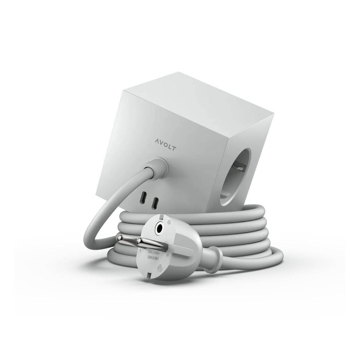 Square 1 with 30W Dual USBC & Magnetic base, 3m Gris De Avolt - Regleta de enchufes de dise&ntilde;o elegante de Avolt con un cable largo de PVC, un cubo de pl&aacute;stico reciclado y una placa magn&eacute;tica en la parte inferior para colgar en la pared.