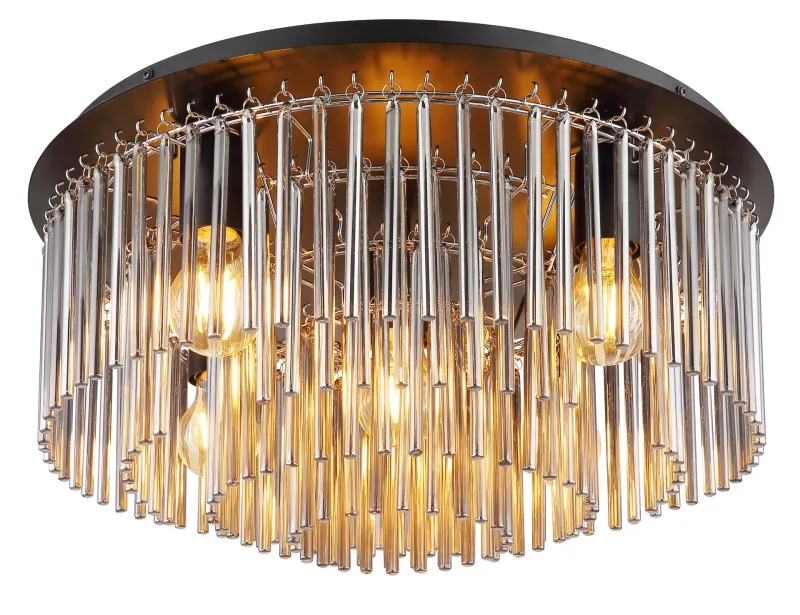 Gorley Ø50 Color humo plafón De Globo Lighting - Dess design imponerar med en stilfull kombination av mattsvart metall, gl&auml;nsande krom och r&ouml;kf&auml;rgade glasstavar.