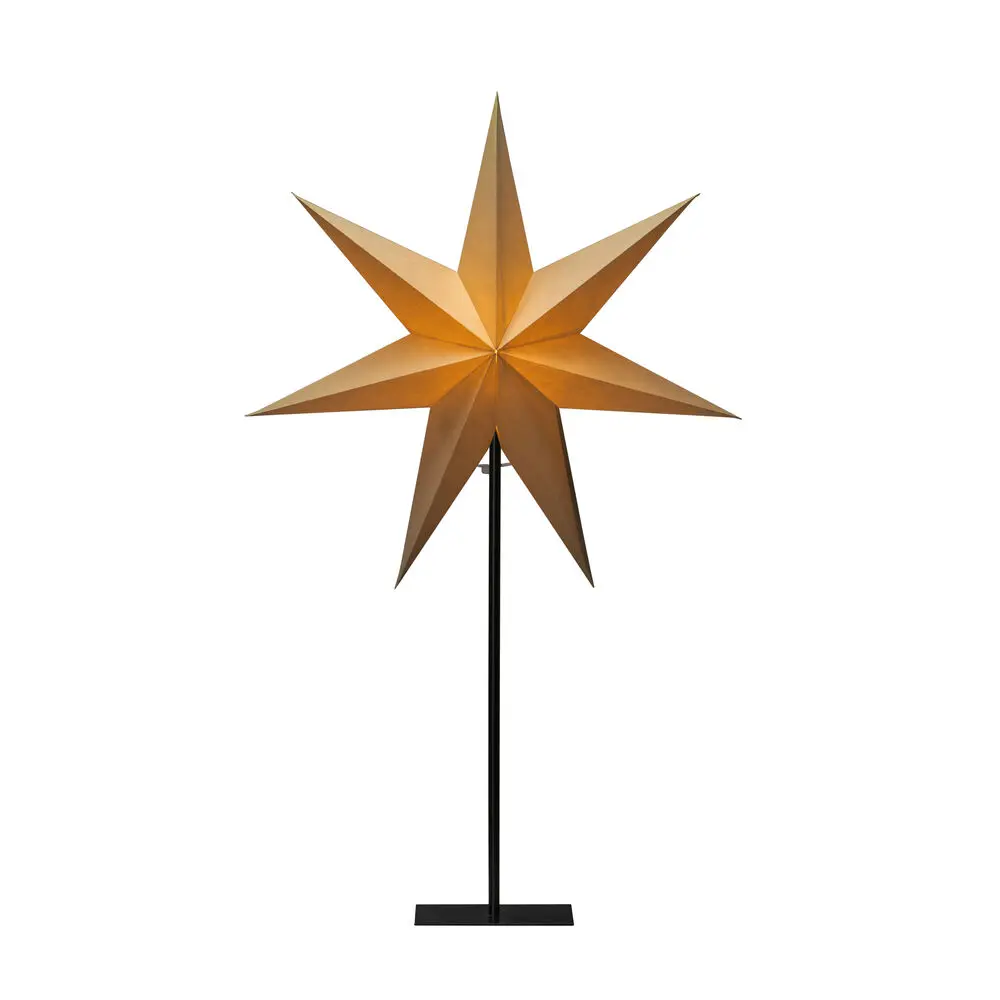 Estrella De Papel Ø50 Beige De Konstsmide - La elegante estrella beige reposa sobre un sencillo soporte de metal negro y emite una luz suave y agradable.