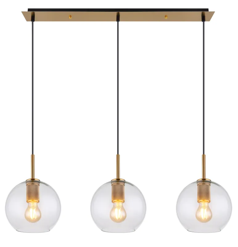 Adara 140cm Oro Lámpas de techo De Globo Lighting - De tre glasgloberna h&auml;nger i justerbara rep och kan anpassas i h&ouml;jd upp till 1,2 meter, vilket ger flexibilitet i belysningen.