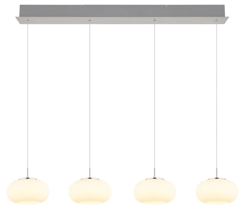 Quintara 110cm Níquel Lámpas de techo De Globo Lighting - Quintara&nbsp;&auml;r en stilren och modern takpendel med en rak metallram och fyra runda, sf&auml;riska glaskupor.
