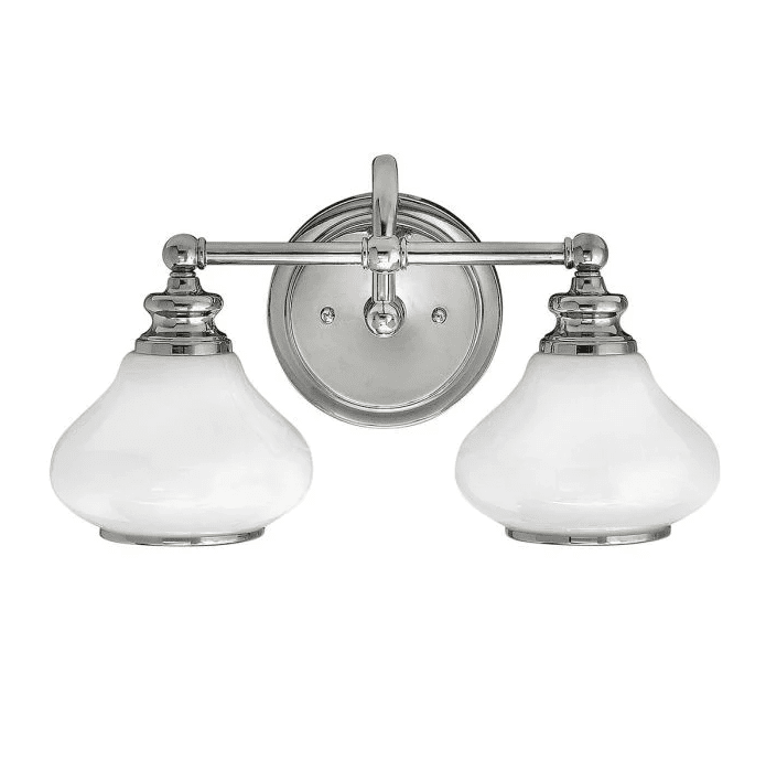 Ainsley 40cm Cromo pulido lámpara de baño De Elstead Lighting - Las pantallas de cristal opalino abovedado proporcionan una luz suave y agradable, que armoniza a la perfecci&oacute;n con el elegante cromo pulido.