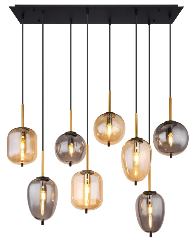 Blacky 102cm Ámbar Lámpas de techo De Globo Lighting - De &aring;tta r&ouml;k- och amberf&auml;rgade glasgloberna i olika former h&auml;nger fr&aring;n en svart, rektangul&auml;r takplatta och kan justeras upp till 120 cm fr&aring;n taket.