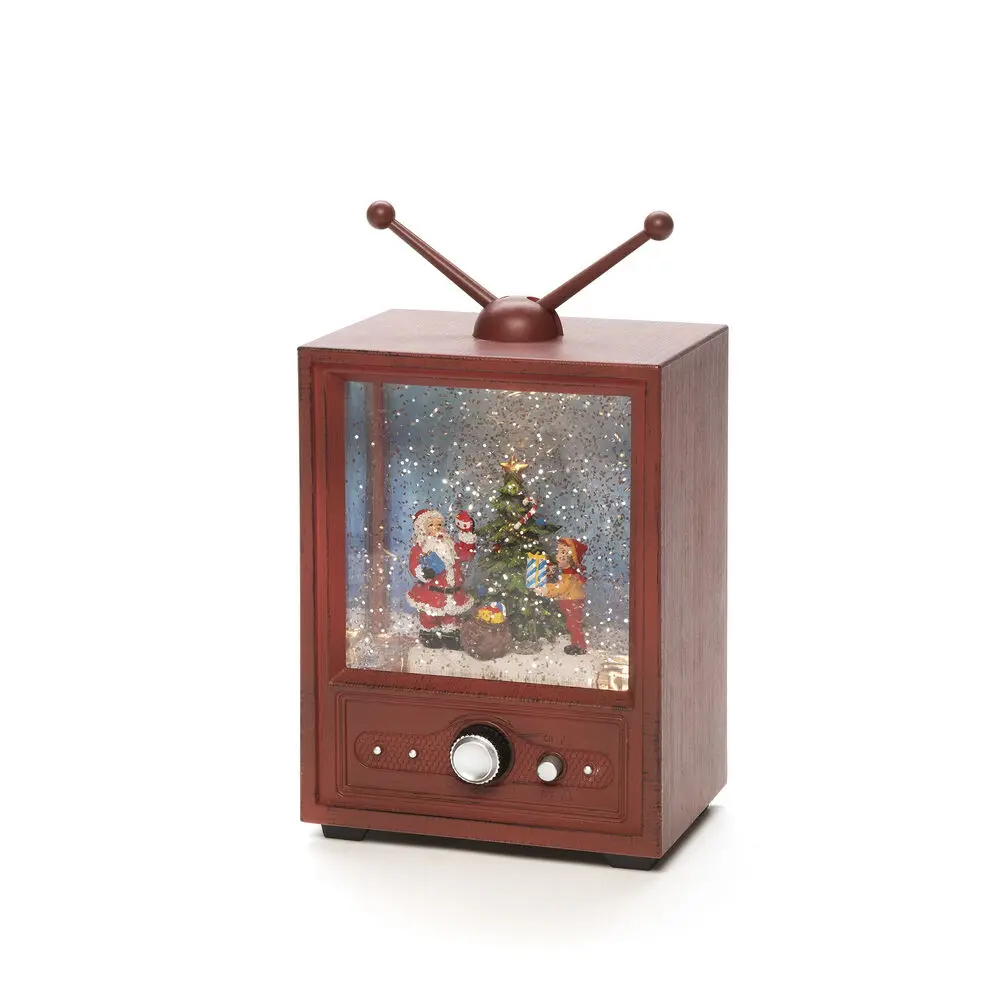 Linterna Rellena De Agua Con Forma De Televisor Marrón De Konstsmide - Esta linterna llena de agua con forma de televisor retro muestra una escena atmosf&eacute;rica con Pap&aacute; Noel, un ni&ntilde;o y un &aacute;rbol de Navidad decorado.