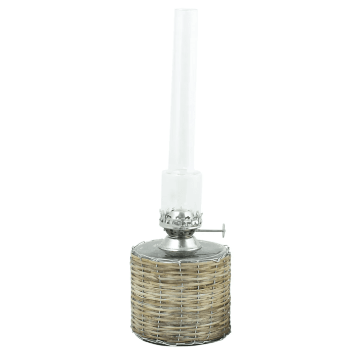 Basket-style kerosene lamp big Marrón De Strömshaga - L&aacute;mpara de queroseno de vidrio recto con cesta tejida y quemador de n&iacute;quel.