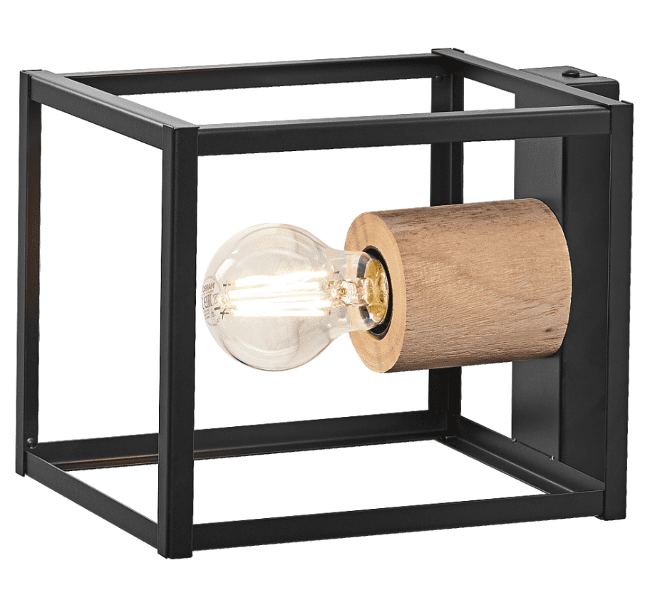 Nairobi 22cm Negro lámpara de pared De Ledvance - El marco de metal abierto en negro crea un aspecto aireado e industrial, mientras que el elegante detalle de madera ofrece un contraste cálido y natural.