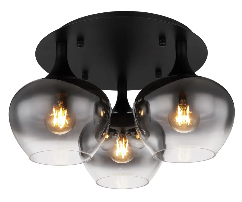 Maxy Ø45 Color humo plafón De Globo Lighting - P&aring; en rund takplatta av matttsvart metall sitter tre vackert formade r&ouml;kf&auml;rgade glaskupor.
