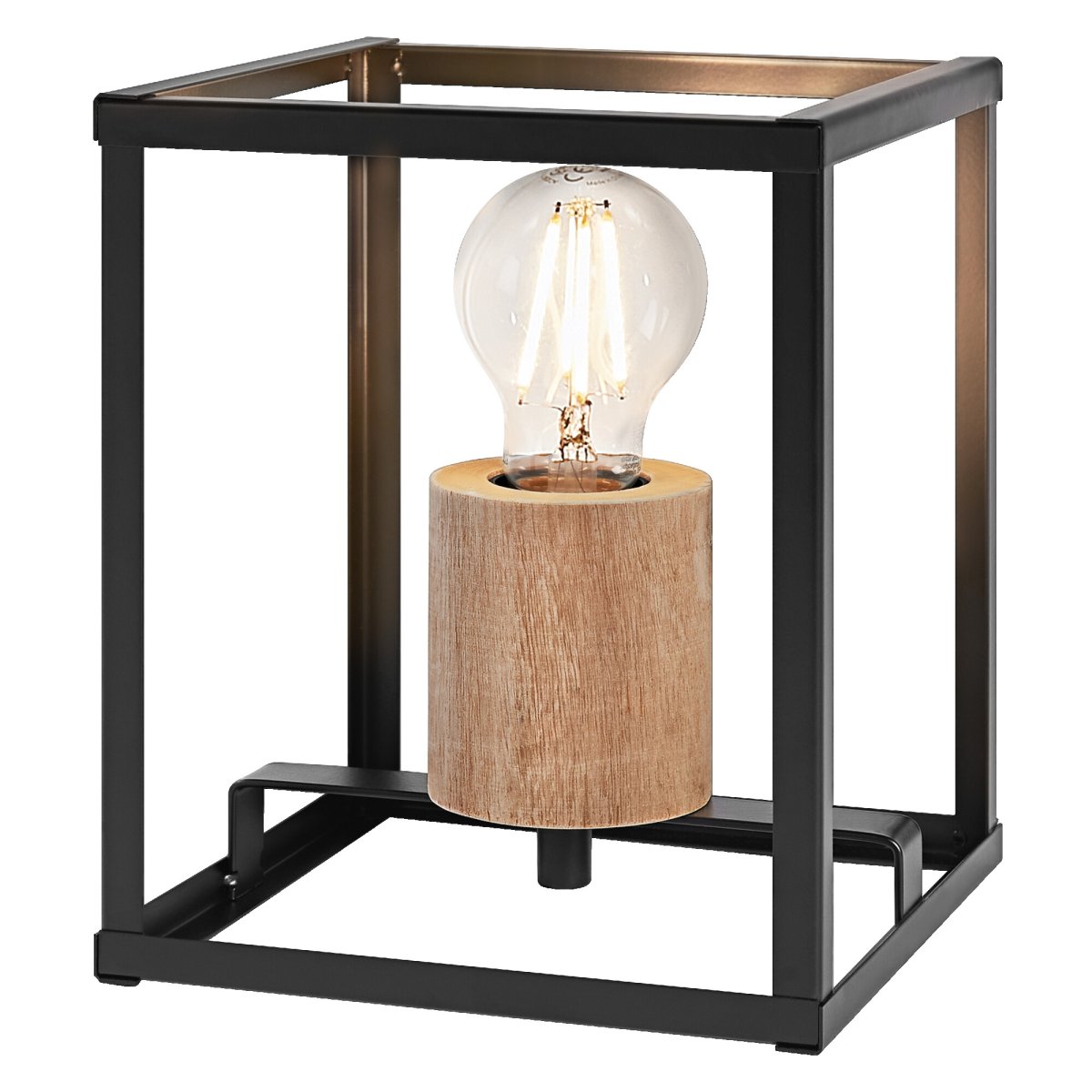 Nairobi 20cm Negro lámpara de mesa De Osram - El marco de metal abierto y geom&eacute;trico en negro brinda una expresi&oacute;n aireada y elegante, mientras que los hermosos detalles de madera crean una sensaci&oacute;n c&aacute;lida y acogedora.