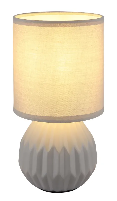 Sylas 23cm Gris lámpara de mesa De Globo Lighting - Den rundade keramiska basen i elegant gr&aring;tt och den matchande cylindriska textilsk&auml;rmen skapar en harmonisk och modern estetik.