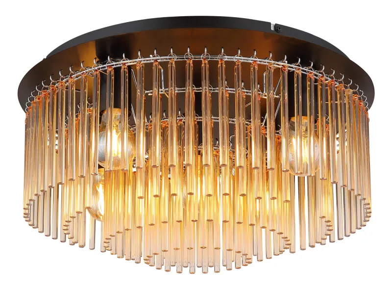 Gorley Ø50 Ámbar plafón De Globo Lighting - Dess design imponerar med en stilfull kombination av mattsvart metall och dekorativa stavar i klart och amberf&auml;rgat glas.