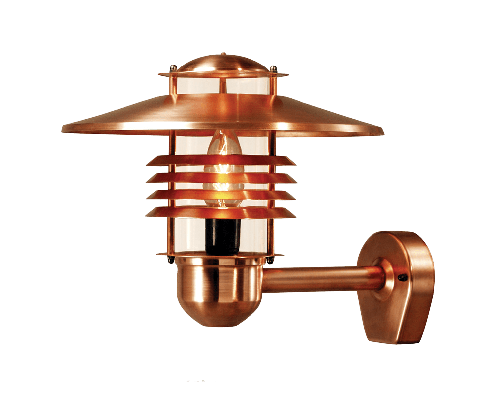 Arnäs Cobre lámpara de exterior De Westal - La lámpara de pared Arns es una lámpara elegante con un patrón de luz redondo y una pantalla de vidrio transparente que rodea la fuente de luz.