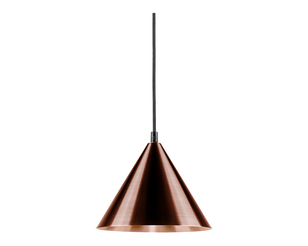Tratt Ø25 Cobre oxidado Lámpas de techo De Westal - La lámpara colgante Funnel es una elegante lámpara colgante hecha de cobre con una superficie oxidada oscura y un cable de tela negro.