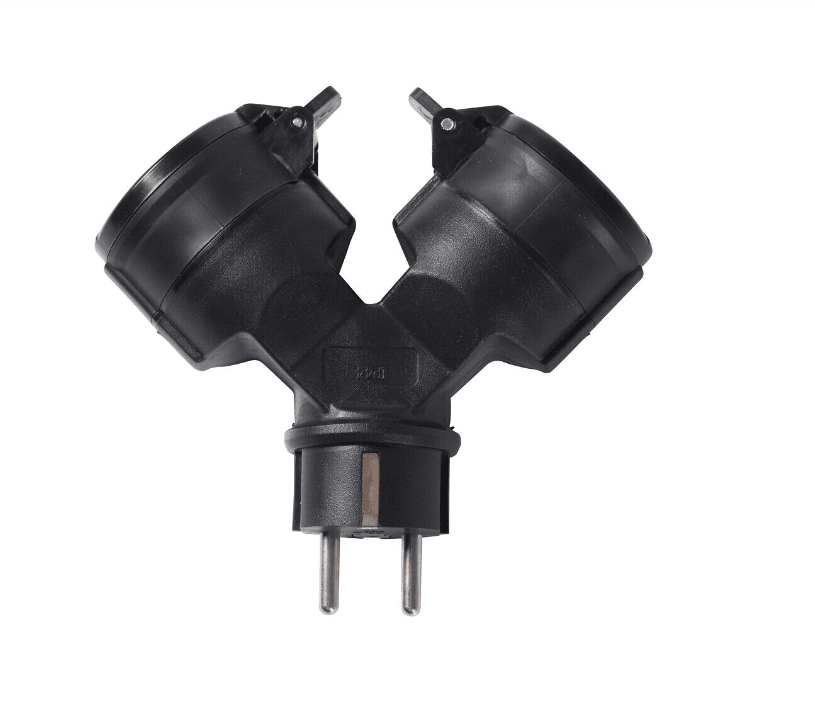 Adaptador En Y Con 2 Tomas De Airam - Esta regleta de enchufes para exteriores a prueba de salpicaduras cuenta con una cubierta con bisagra.