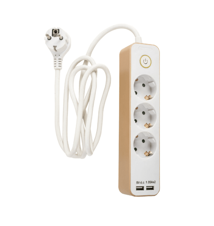 Regleta De 3 Tomas De Airam - Regleta de 3 enchufes con carcasa dorada e interruptor de encendido y apagado mediante bot&oacute;n, dos puertos USB, m&aacute;x.