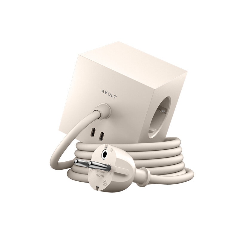 Square 1 with 30W Dual USBC & Magnetic base, 3m Arena De Avolt - Regleta de enchufes de dise&ntilde;o elegante de Avolt con un cable largo de PVC, un cubo de pl&aacute;stico reciclado y una placa magn&eacute;tica en la parte inferior para colgar en la pared.