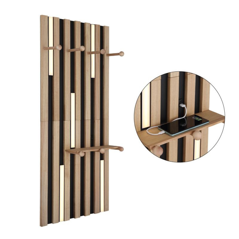 Duane 110cm Naturaleza lámpara de pared De Globo Lighting - Den rektangul&auml;ra formen i matt svart metall och brunt tr&auml; ger en elegant och tidl&ouml;s look, medan den vita plastsk&auml;rmen sprider ljuset j&auml;mnt och skapar en behaglig atmosf&auml;r.