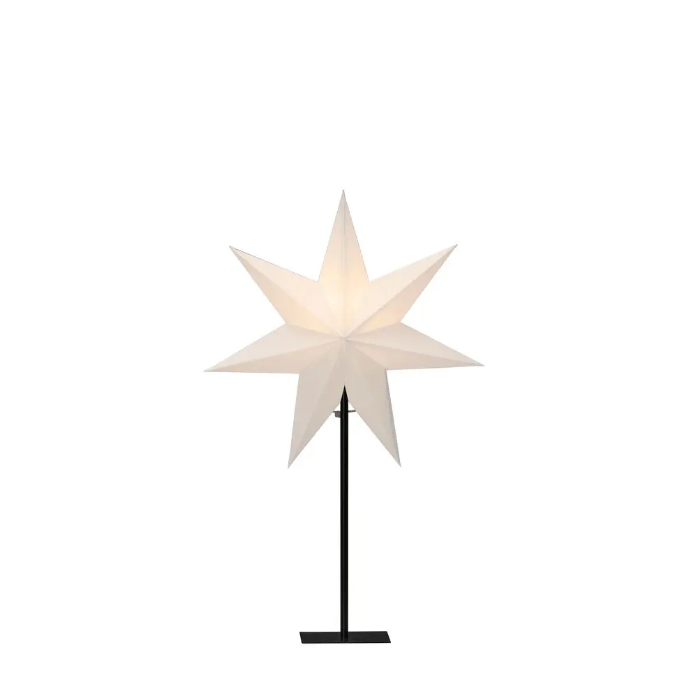 Estrella De Papel Ø40 Blanco De Konstsmide - La elegante estrella blanca reposa sobre un elegante soporte de metal negro y emite una luz suave y agradable.