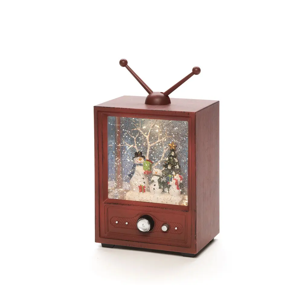 Linterna Rellena De Agua Con Forma De Televisor Marrón De Konstsmide - Esta linterna llena de agua con forma de televisor retro muestra un paisaje invernal con mu&ntilde;ecos de nieve y un &aacute;rbol de Navidad decorado.
