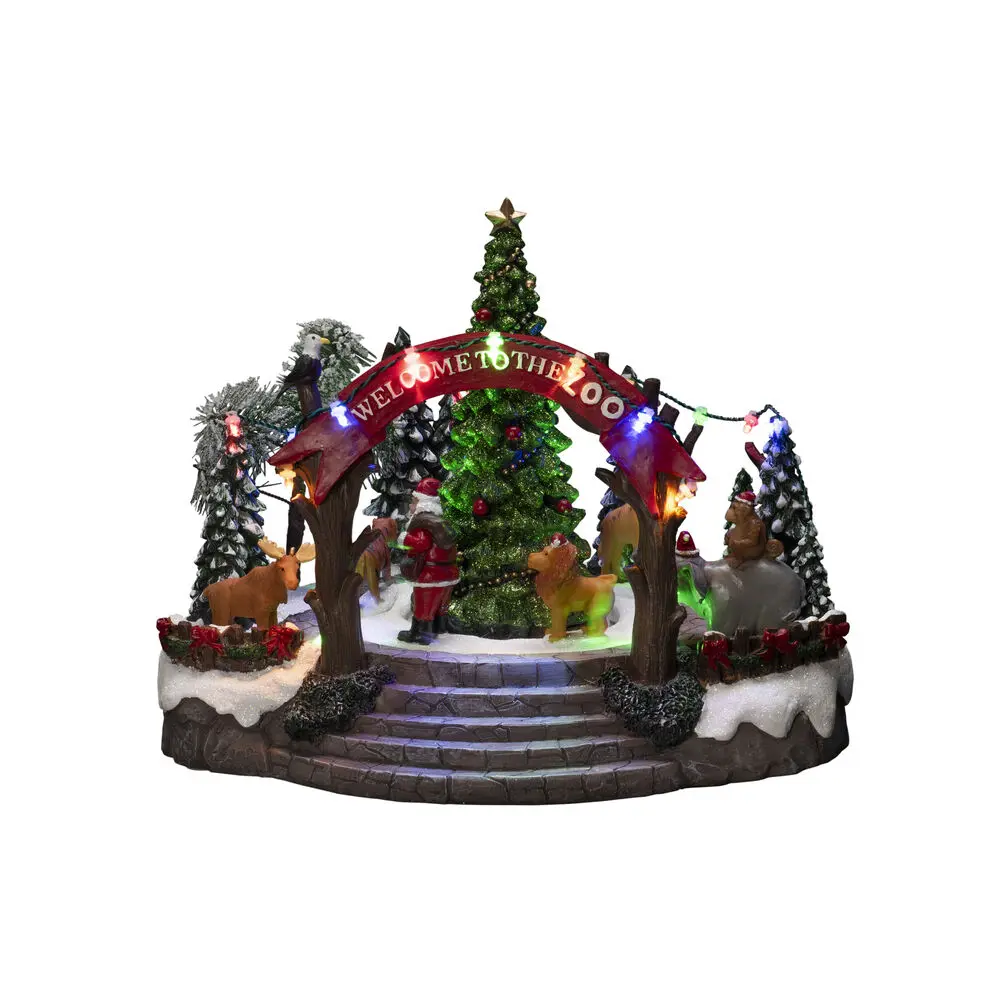 Decoración Navideña Mecánica Con Zoológico 20cm Multicolor De Konstsmide - Esta decoraci&oacute;n navide&ntilde;a mec&aacute;nica presenta una escena colorida con 19 luces LED de color blanco c&aacute;lido, m&uacute;sica, animales y Pap&aacute; Noel alrededor de un &aacute;rbol de Navidad brillante.