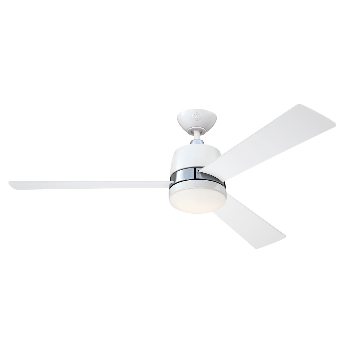 Tristan Ø132 Blanco De Westinghouse - El ventilador de techo Tristan con iluminación regulable y control remoto tiene un elegante diseño de dos tonos con acabado blanco y detalles en níquel cepillado.