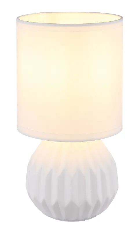 Sylas 23cm Blanco lámpara de mesa De Globo Lighting - Den rundade keramiska basen i elegant vitt och den matchande cylindriska textilsk&auml;rmen skapar en harmonisk och modern estetik.