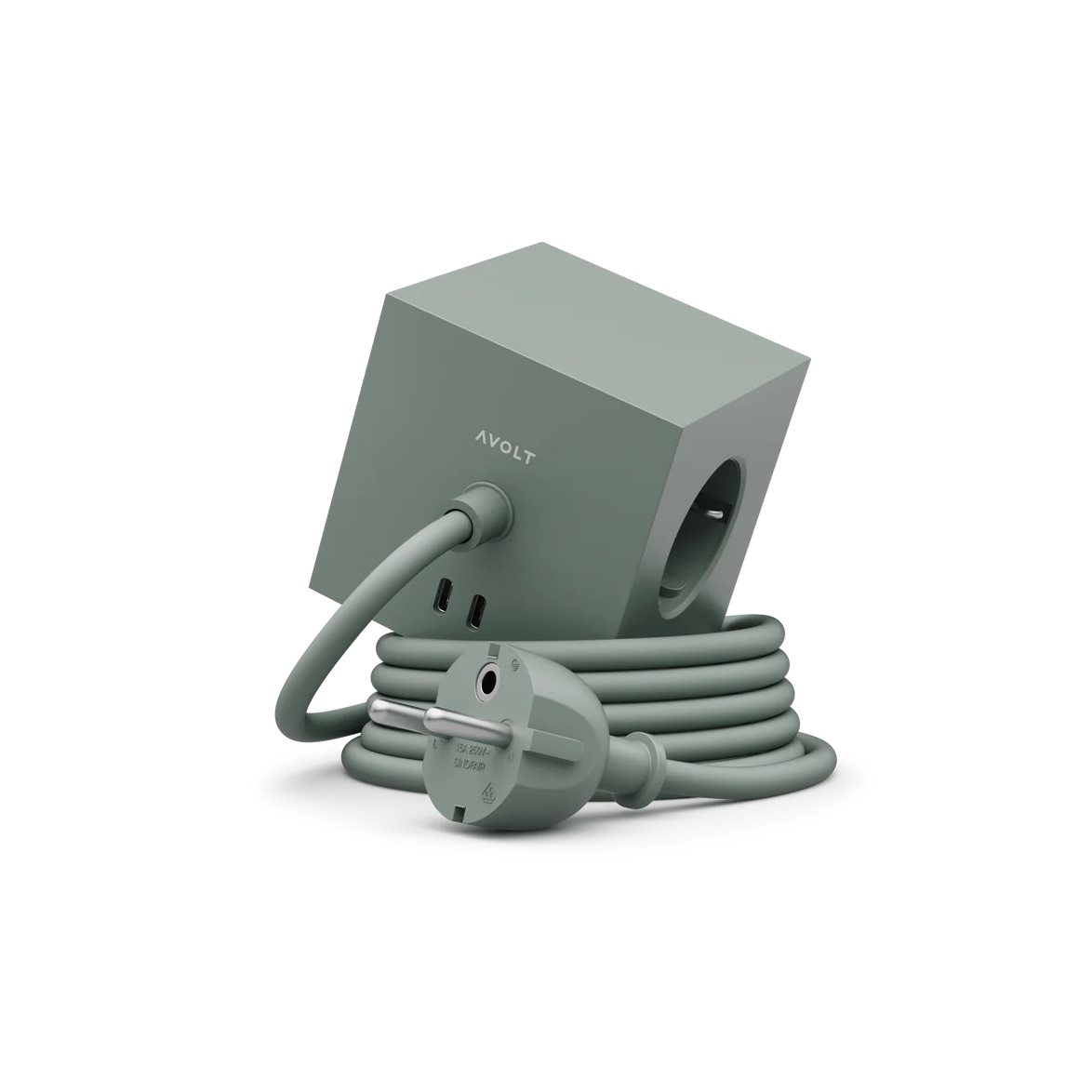 Square 1 with 30W Dual USBC & Magnetic base, 3m Verde De Avolt - Regleta de enchufes de dise&ntilde;o elegante de Avolt con un cable largo de PVC, un cubo de pl&aacute;stico reciclado y una placa magn&eacute;tica en la parte inferior para colgar en la pared.
