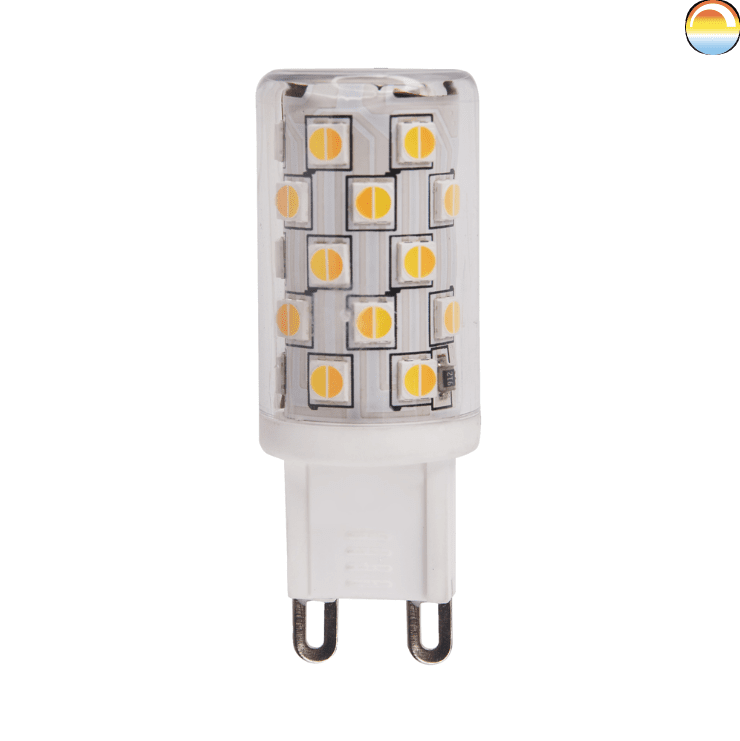 LED G9 4W 2200-3000K dim to warm De Unison - La nueva G9 de Unison, de intensidad regulable a cálida, se puede regular con un regulador para ajustar la temperatura de color de 2200 a 3000 K.