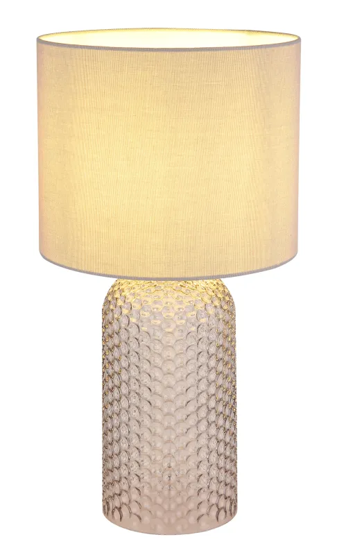 Sofia 50cm Gris lámpara de mesa De Globo Lighting - Bordslampan Sofia imponerar med sin eleganta kombination av en texturerad glaskropp och en cylindrisk textilsk&auml;rm i lyxig gr&aring; ton.