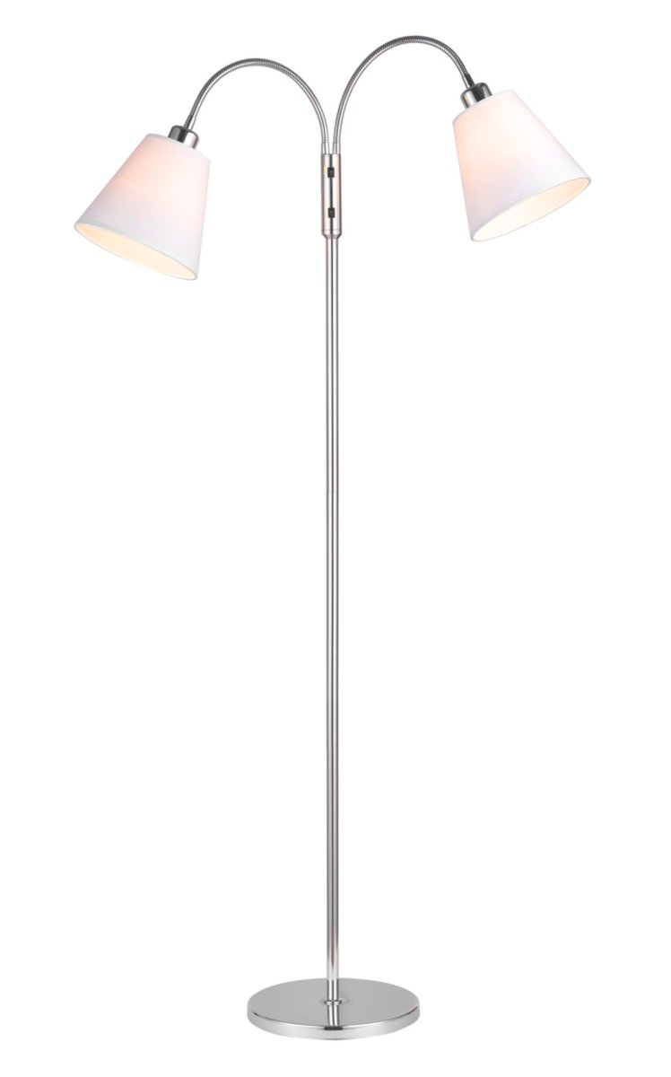 Duett Cromo lámpara de pie De Cottex - Equipada con dos pantallas textiles de color blanco de 20 cm de diámetro y brazos flexibles para una fácil regulación.