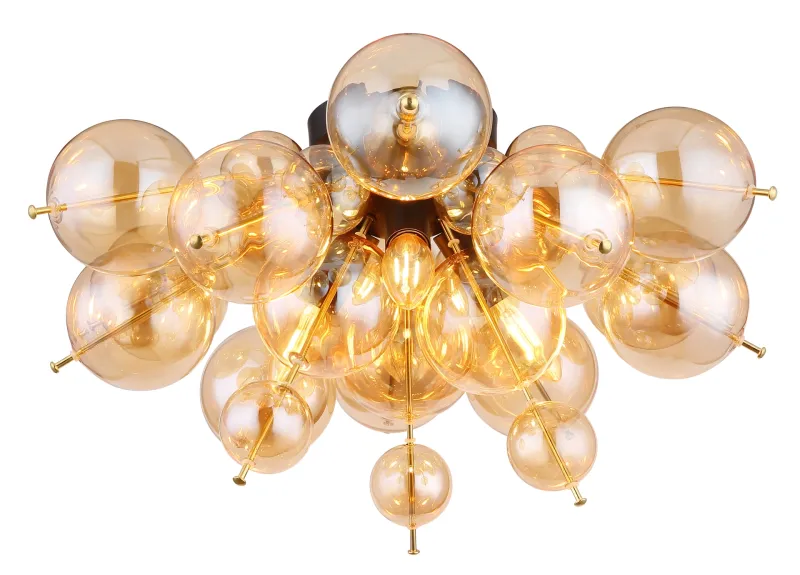 Udo Ø55 Ámbar plafón De Globo Lighting - Dess unika design utm&auml;rks av en rund form d&auml;r guldf&auml;rgade metallstavar elegant sammanl&auml;nkas med varmt b&auml;rnstensf&auml;rgade glasklot i olika storlekar.