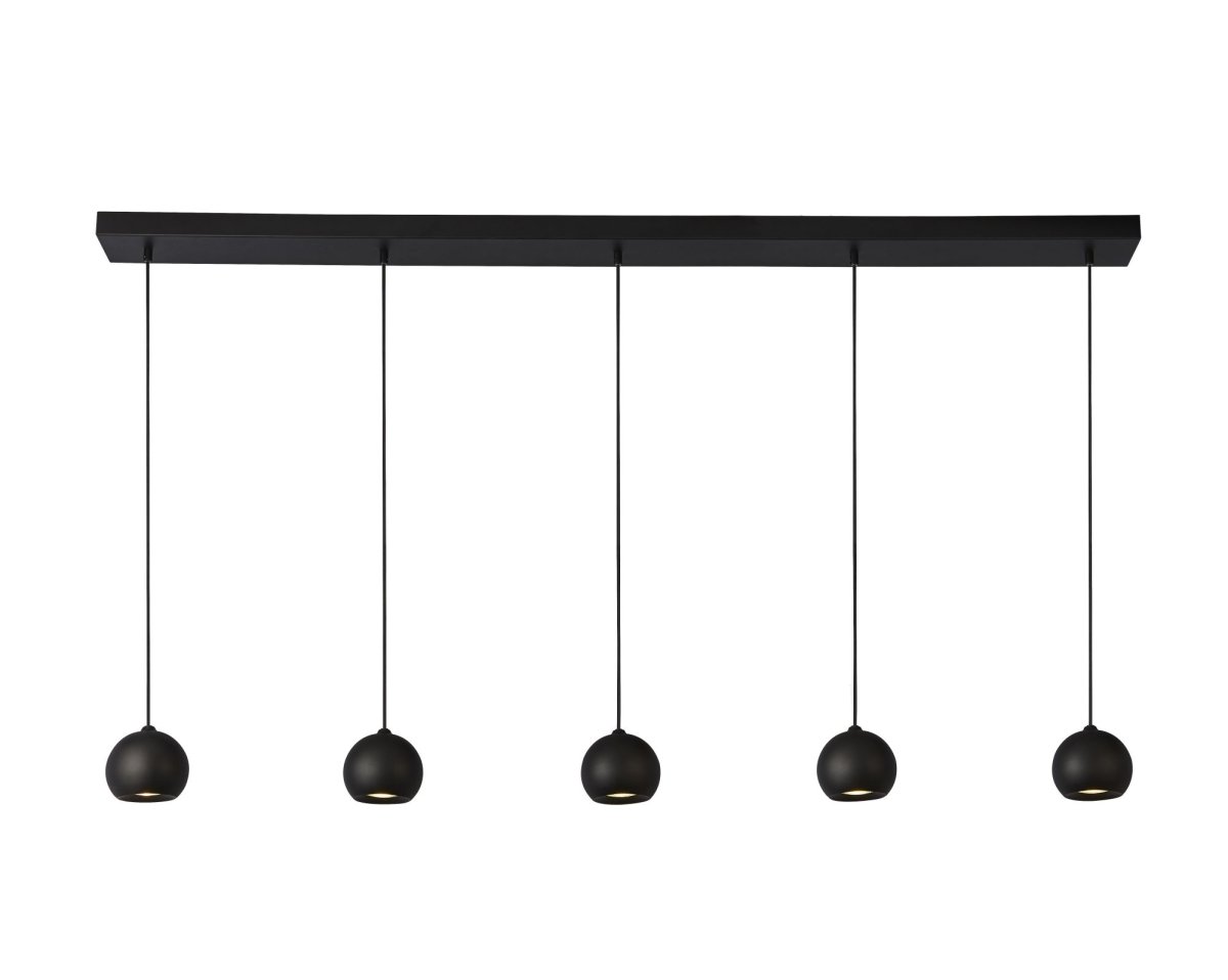 Eindhoven 160cm Arena negra Lámpas de techo De Searchlight - La lámpara colgante Eindhoven de 5 luces cuelga de una varilla negra de color arena y agrega lujo y estilo a una sala de estar, dormitorio, cocina, comedor o pasillo modernos.