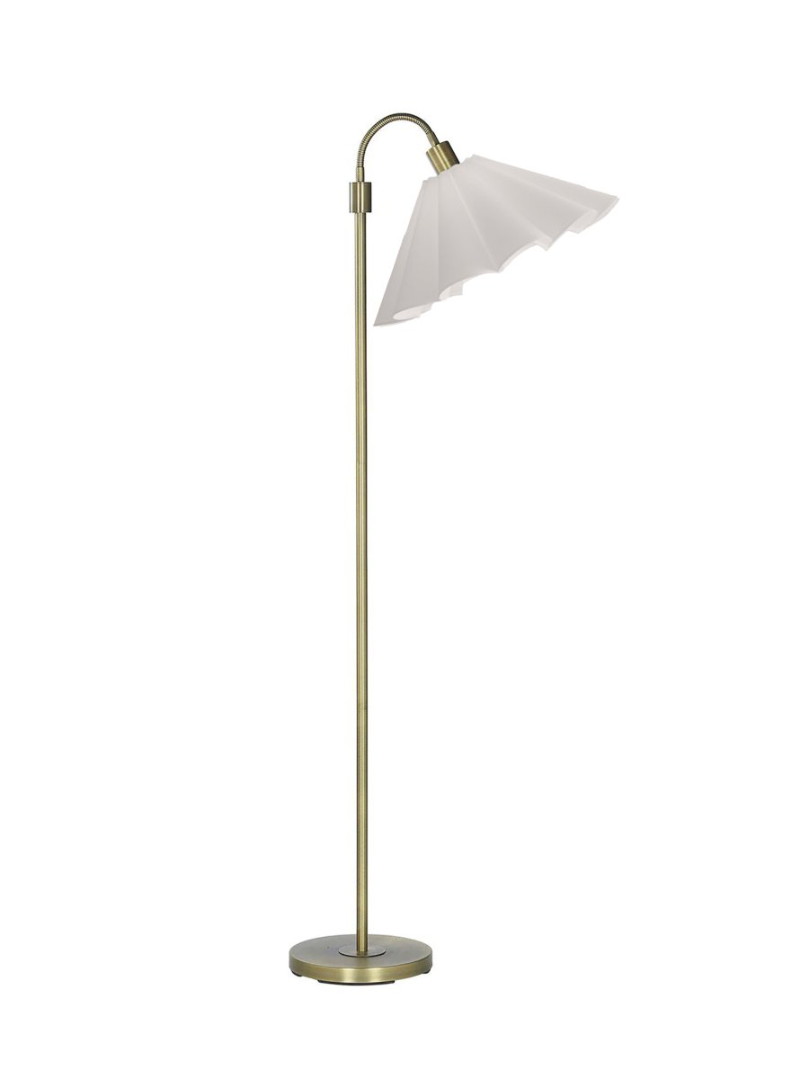 Amy Flex Oro lámpara de pie De PR Home - La hermosa pantalla est&aacute; cosida a mano, p&eacute;talo a p&eacute;talo, con tela de algod&oacute;n blanco y acabada con un borde decorativo que recuerda a una flor.