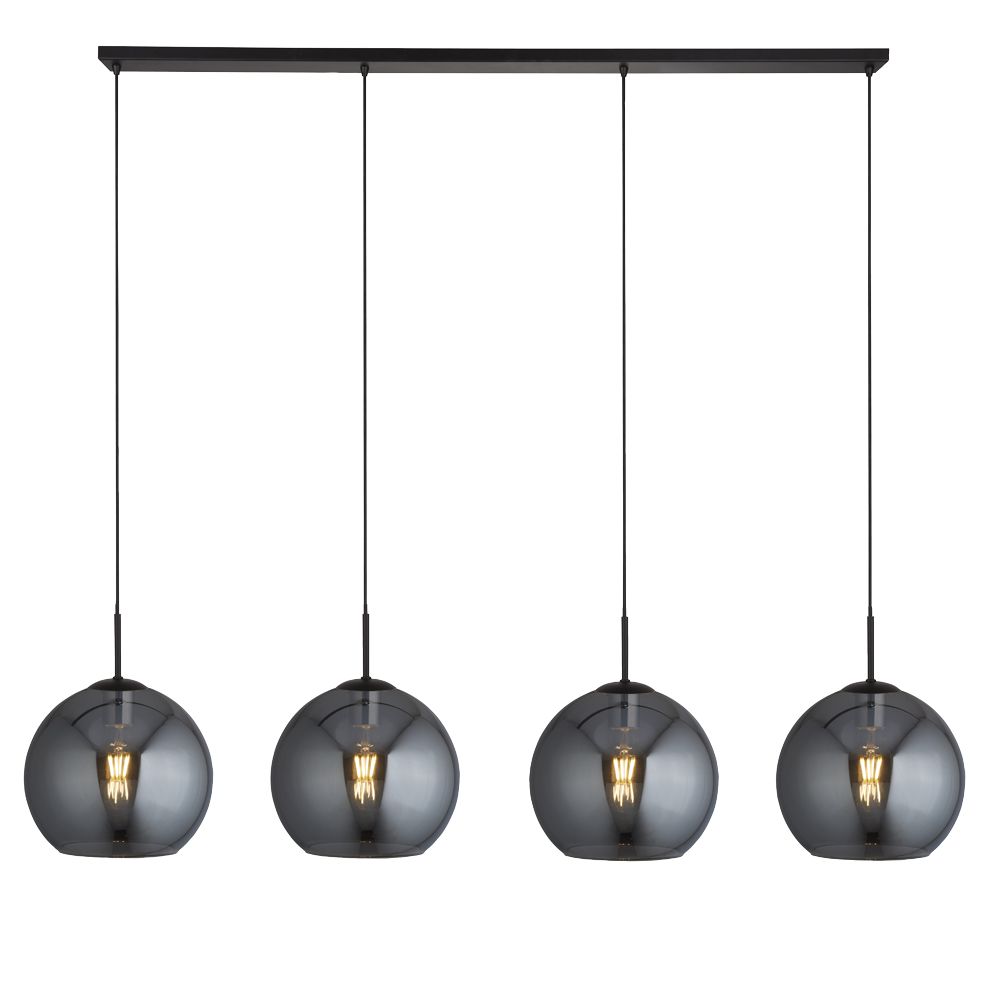 Amsterdam 175cm Negro Lámpas de techo De Searchlight - La lámpara colgante Amsterdam con cuatro fuentes de luz tiene un acabado negro mate y grandes pantallas de cristal ahumado con la parte inferior abierta.