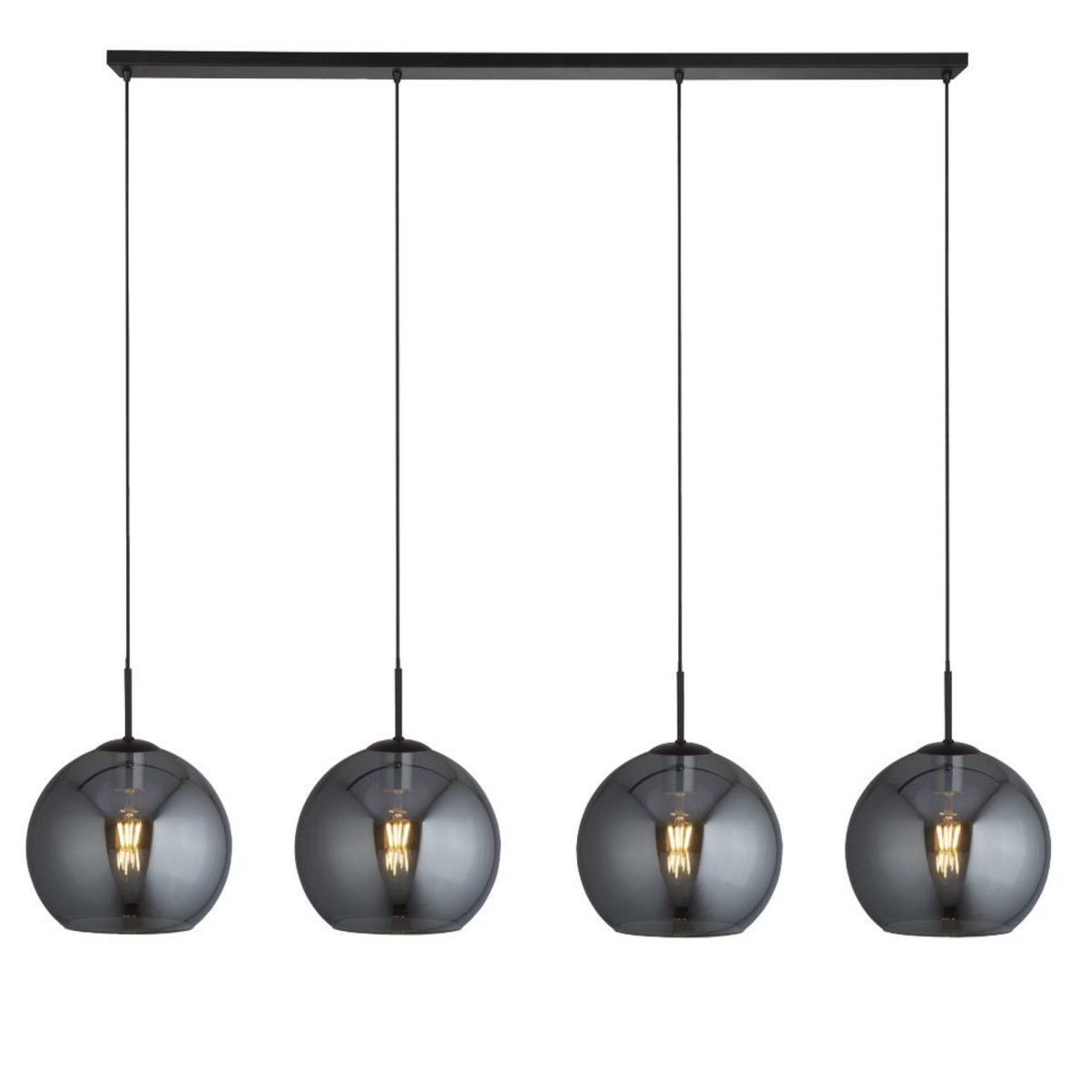 Amsterdam 175cm Negro Lámpas de techo De Searchlight - La lámpara colgante Amsterdam con cuatro fuentes de luz tiene un acabado negro mate y grandes pantallas de cristal ahumado con la parte inferior abierta.