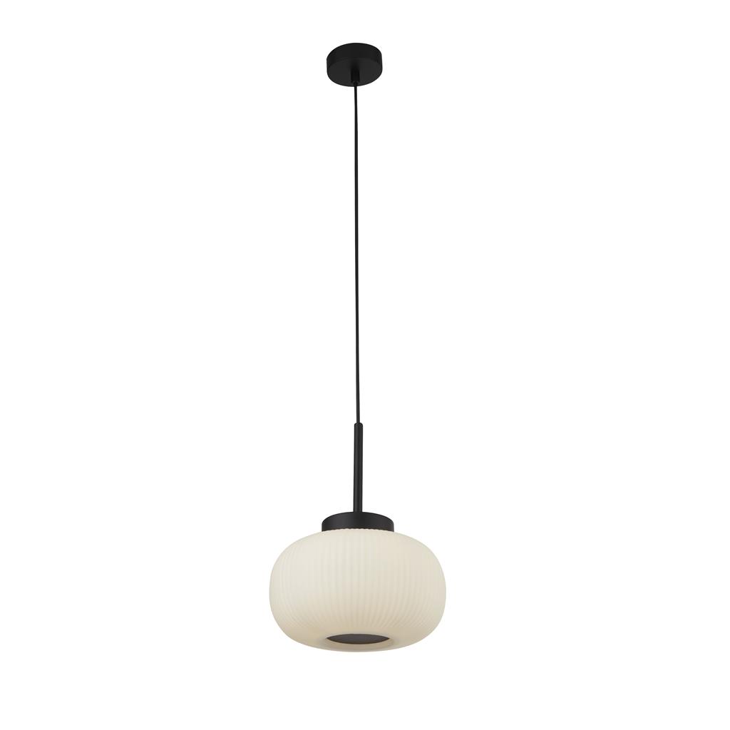 Lumina Ø24 Negro Lámpas de techo De Searchlight - El marco de metal negro mate combinado con la pantalla de vidrio opalino acanalado crea un aspecto moderno y elegante que se adapta tanto a interiores claros como oscuros.
