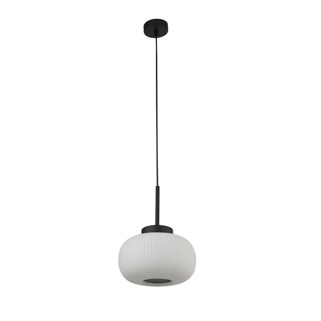 Lumina Ø24 Negro Lámpas de techo De Searchlight - El marco de metal negro mate combinado con la pantalla de vidrio opalino acanalado crea un aspecto moderno y elegante que se adapta tanto a interiores claros como oscuros.