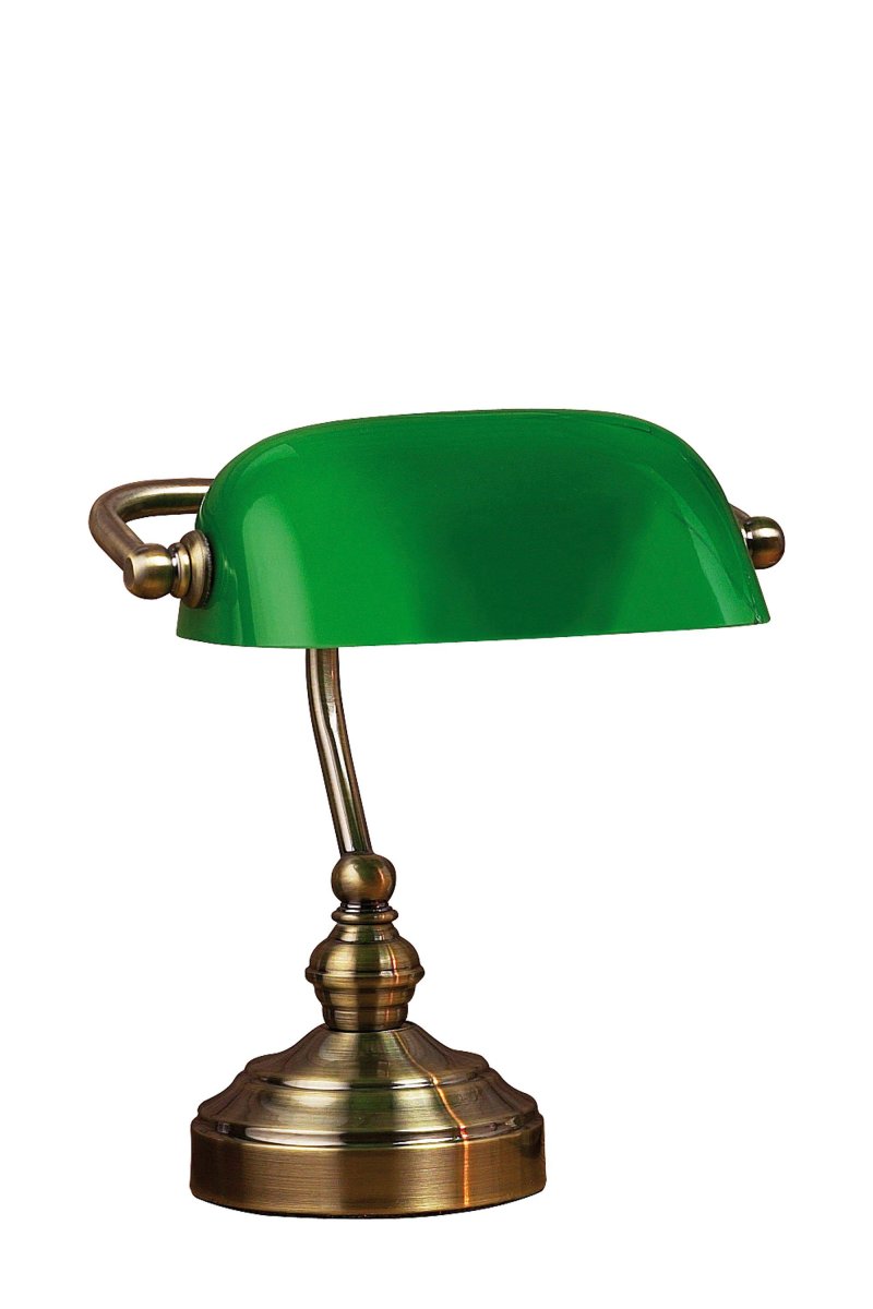 Bankers 25cm Latón antiguo lámpara de escritorio De Markslöjd - La l&aacute;mpara de mesa Bankers tiene una base de metal y cristal verde ajustable.